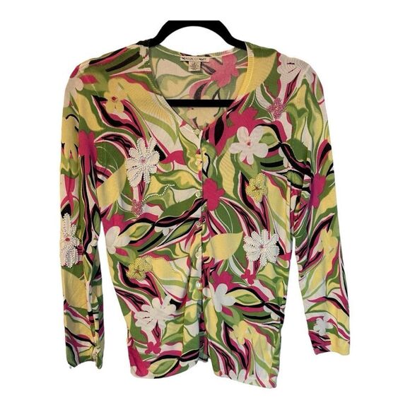 Casual Corner Sweaters - Vintage Casual Corner’s 90’s Pink and Green Beaded Graphic V-Neck Cardigan Sz M